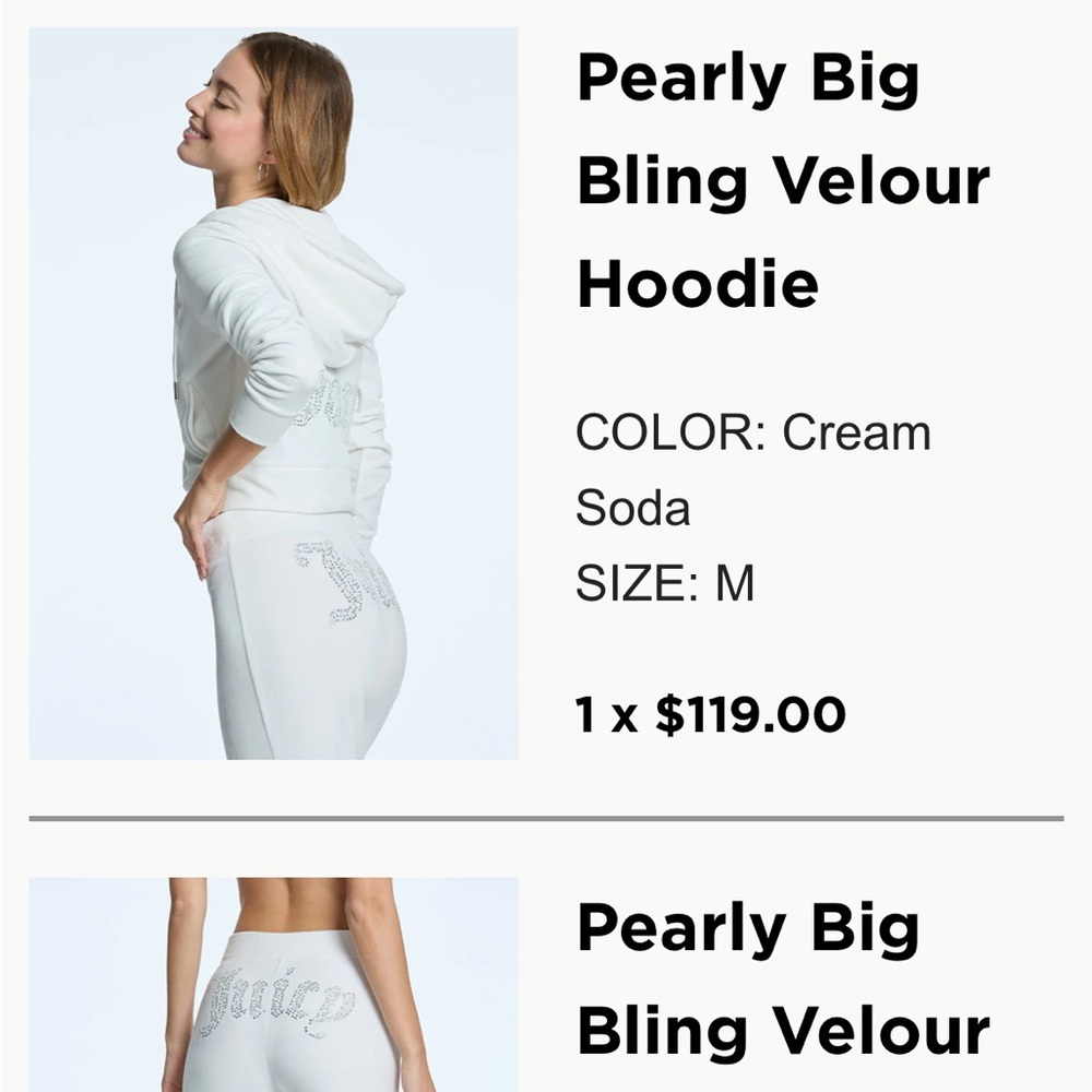 White Pearl Velour Juicy Tracksuit and “I do Couture” rhinestone velour tank top